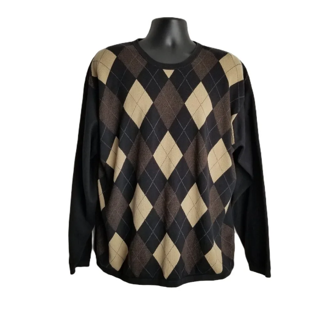 Dockers Argyle Sweater XXL Black Brown Tan Cotton Preppy Golf Grandpa Core
